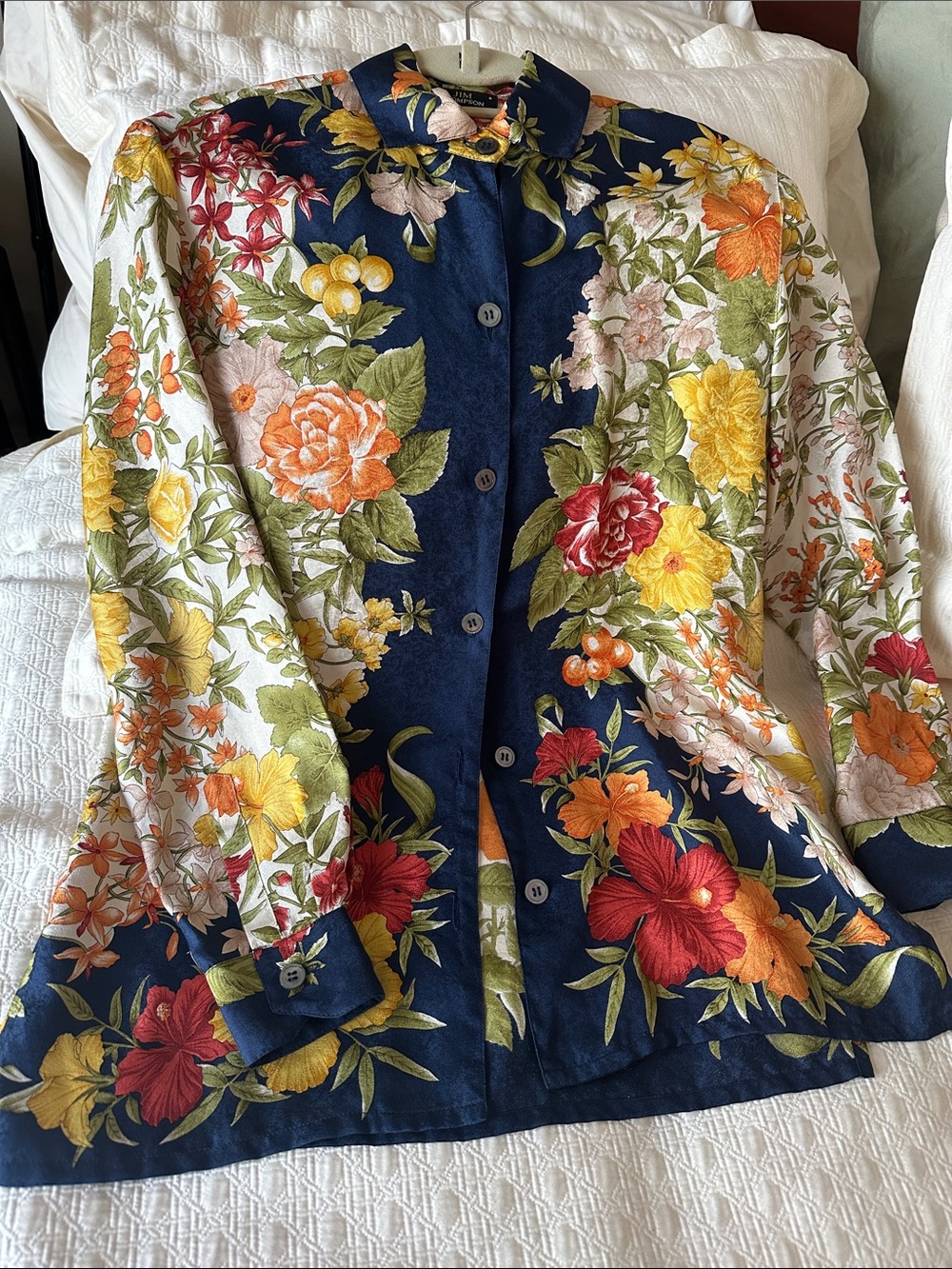 Floral Button-Front Women’s Blouse in Navy and Multicolor